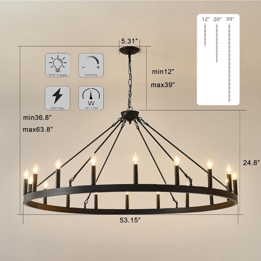 53 Inch Large Farmhouse Wagon Wheel Chandelier,Black 18-Light Rustic Round Hanging Light Fixture,Outdoor Wheel Chandelier for Porch High Ceilings Dining Room, Living Room, Entryway