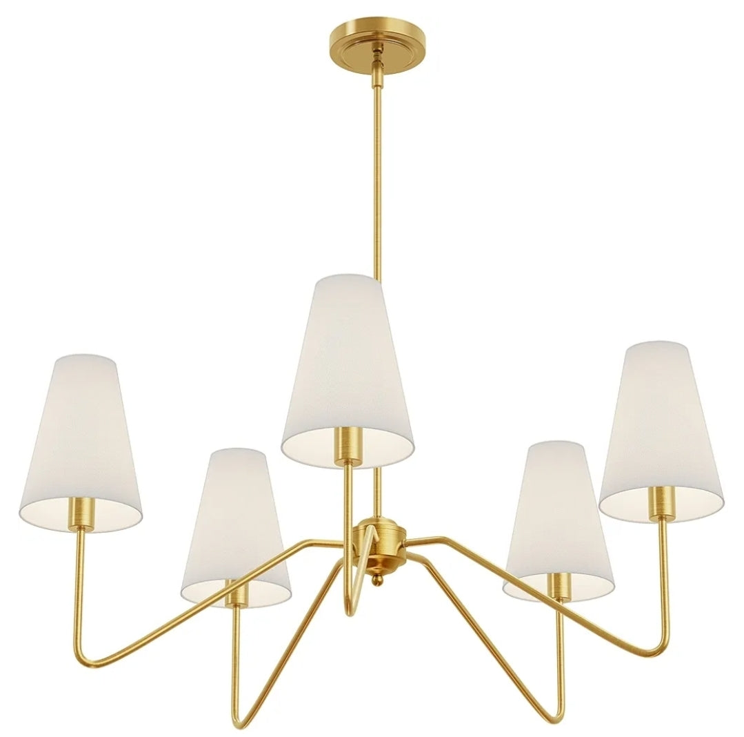 Electro bp 30" Dia 5-Arm Classic Chandeliers Polished Gold with White Linen Shades,Ceiling Light Fixture for Dining Room,Living Room,Entryway,E12,200W