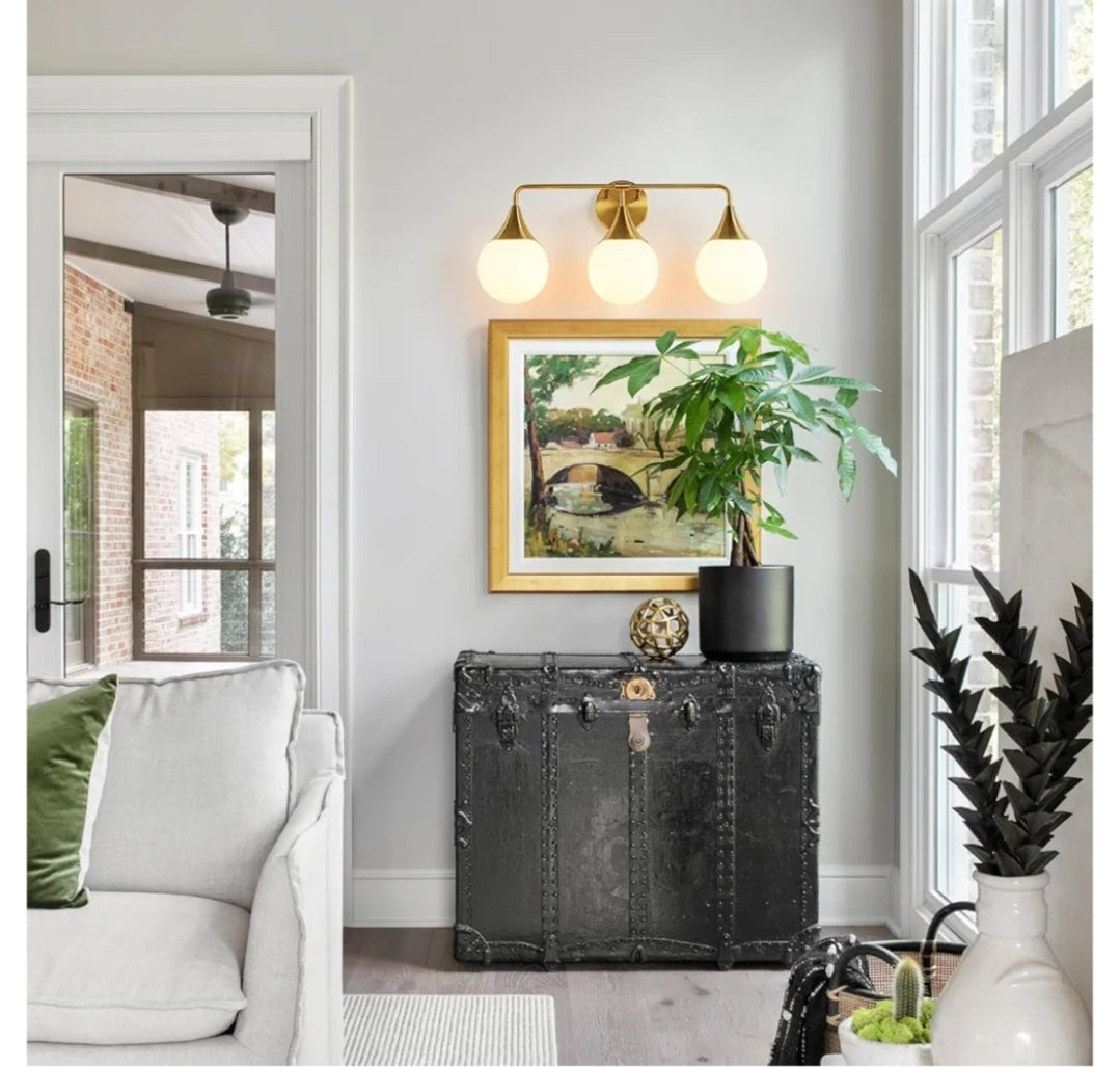 Bathroom Vanity Light Fixtures: 3-Light Mid Century Modern Bathroom Lighting Fixtures Over Mirror - Brass Gold Wall Sconce with Milky White Globe Glass for Bath Living Room