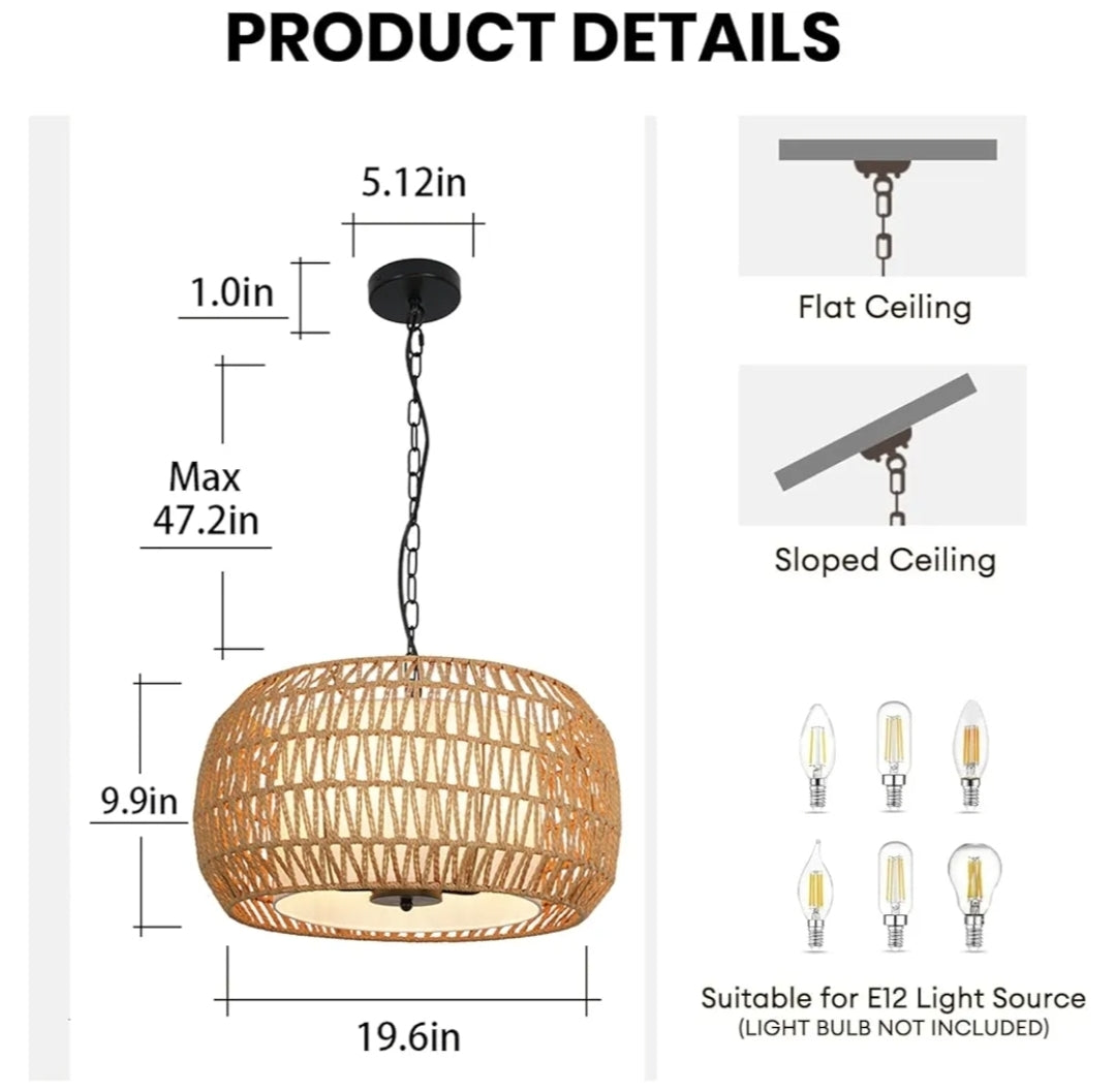 Rattan Wicker Drum Chandeliers for Dining Room 5-Light Bohemian Hand-Woven Farmhouse Drum Pendant Chandelier Light Fixture for Entryway Living Room Kitchen Stairway Bedroom Hallway