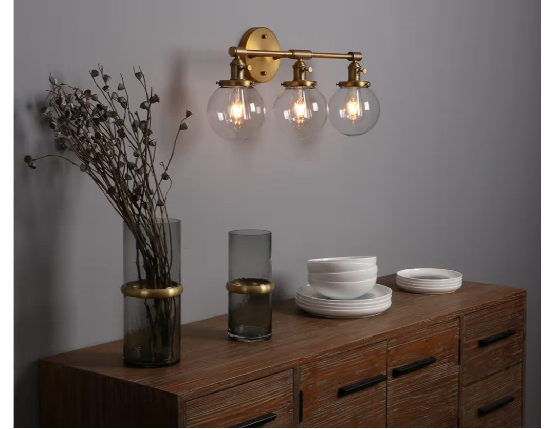 Phansthy Three Light Indoor Wall Fixture Bathroom Vanity Lighting with 5.6 Inches Globe Clear Glass Lamp Shade, Antique