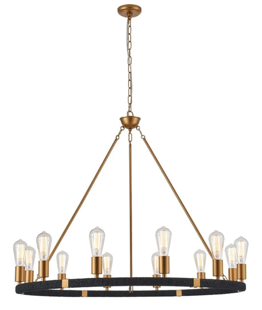 12-Lights Wagon Wheel Chandelier Bohemia Black Hand Woven Rattan Chandelier Farmhouse Large Brass Pendant Light for High Ceilings Living Room Dining Room, Dia 42 Inch, UL Listed