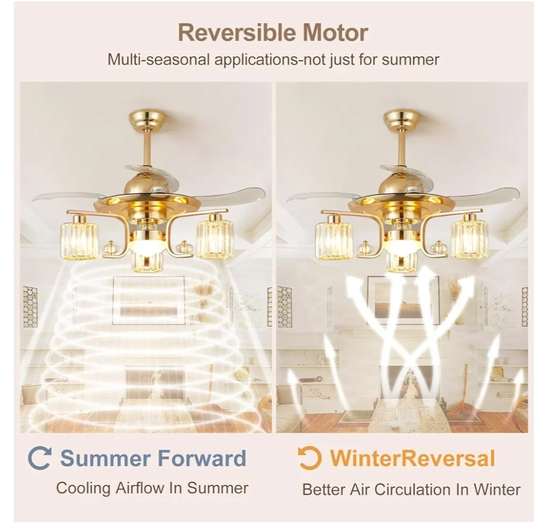 48" Retractable Ceiling Fan with Lights: Modern 3-Light Chandelier Ceiling Light Fan with Crystal Lantern Shade for Bedroom Kitchen - Gold Crystal Fandelier Fan with Remote for Living Room