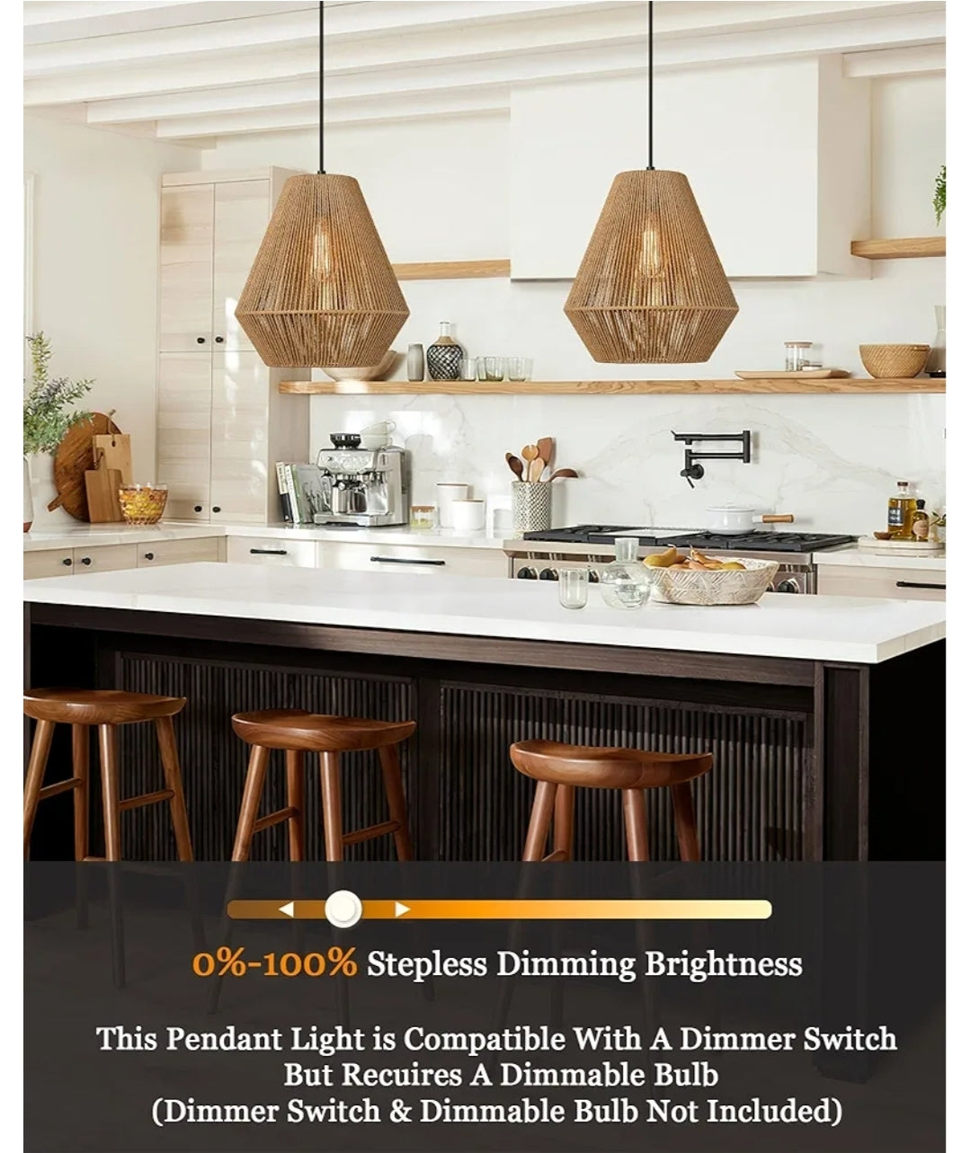 ELYONA Woven Pendant Lights Modern Boho Hanging Lamp with 12" Handwoven Rattan Basket Shade Adjustable Rustic Pendant Light Fixtures for Kitchen Island Farmhouse Dining Room Bar Bedroom Foyer Hallway