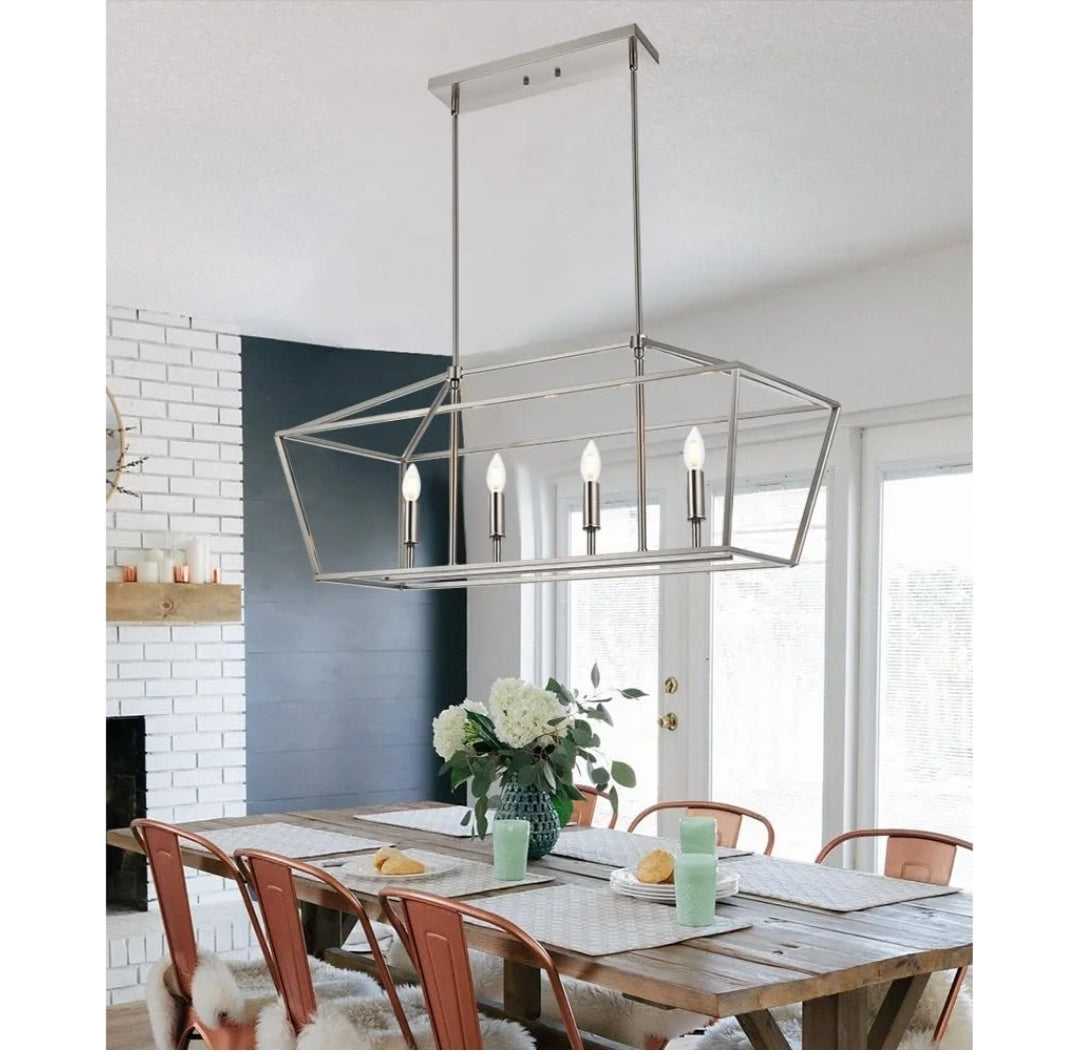 4-Lights Brushed Nickel Farmhouse Chandelier, Dining Room Pendant Lighting Fixtures Adjustable Height, Kitchen Island Light Ceiling Mount E12 Socket