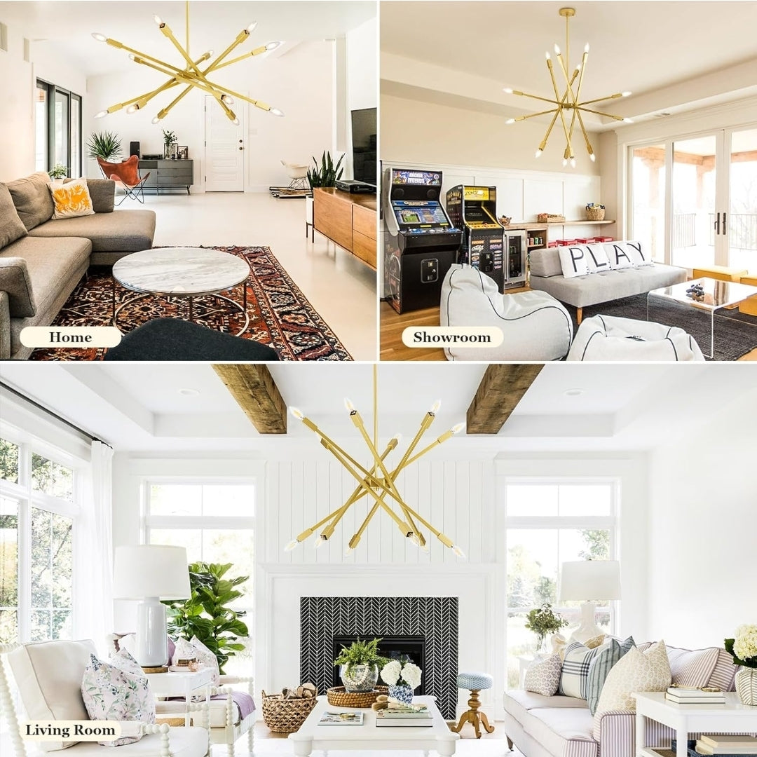 Modern Sputnik Chandeliers Ceiling Light Fixtures, Industrial Metal Farmhouse Chandelier Over Table, Mid-Century 12-Light Adjustable Height Chandeliers for Dining Living Room, Kitchen Island, Golden