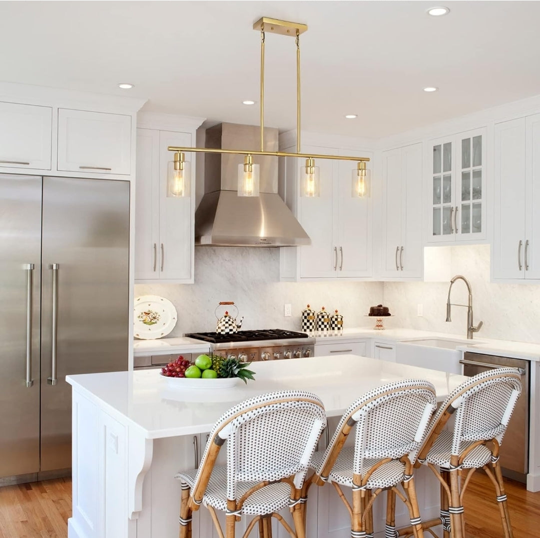 Modern Gold Kitchen Island Chandelier 4-Light Brushed Brass Farmhouse Pendant Light Industrial Kitchen Island Lighting Fixture with Glass Shades Hanging Lamp for Dining Living Room