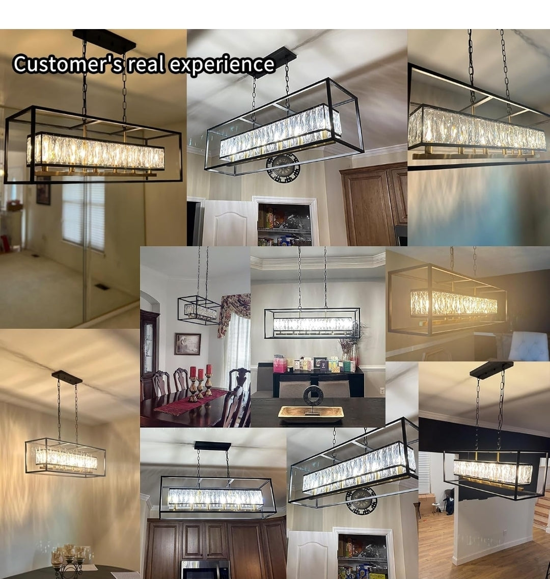 Black Crystal Chandelier for Dining Room 6-Light Rectangle Modern Farmhouse Lighting Linear Contemporary Kitchen Island Pendant Light with Adjustable Chain L35 (UL Certified)