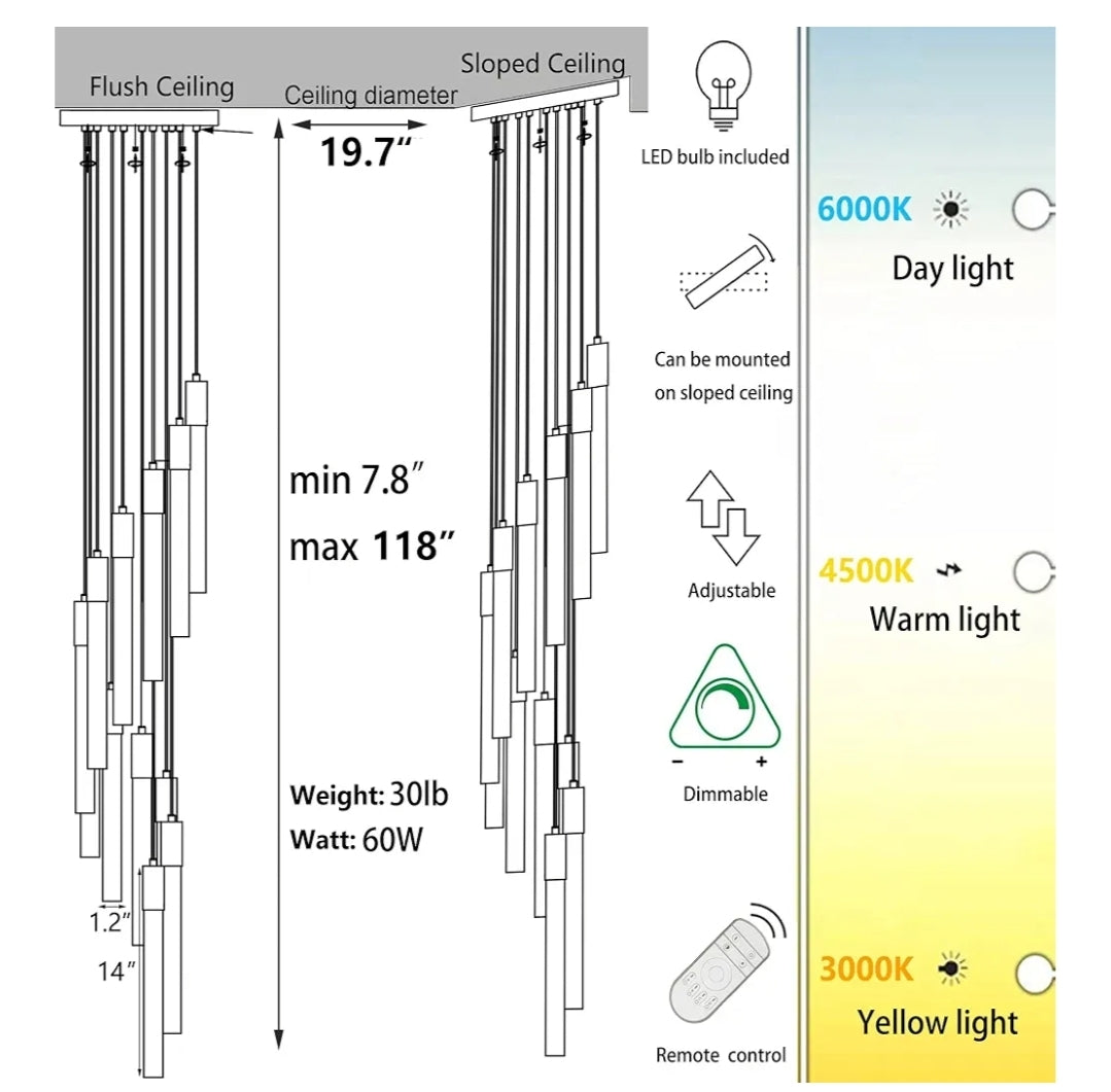 118" High Ceiling Chandelier Linear Crystal Pendants, Remote Dimmable, Compatible Sloped Ceilings, 12-Light Matte Black, 60 Watts LED, 4800 Lumens