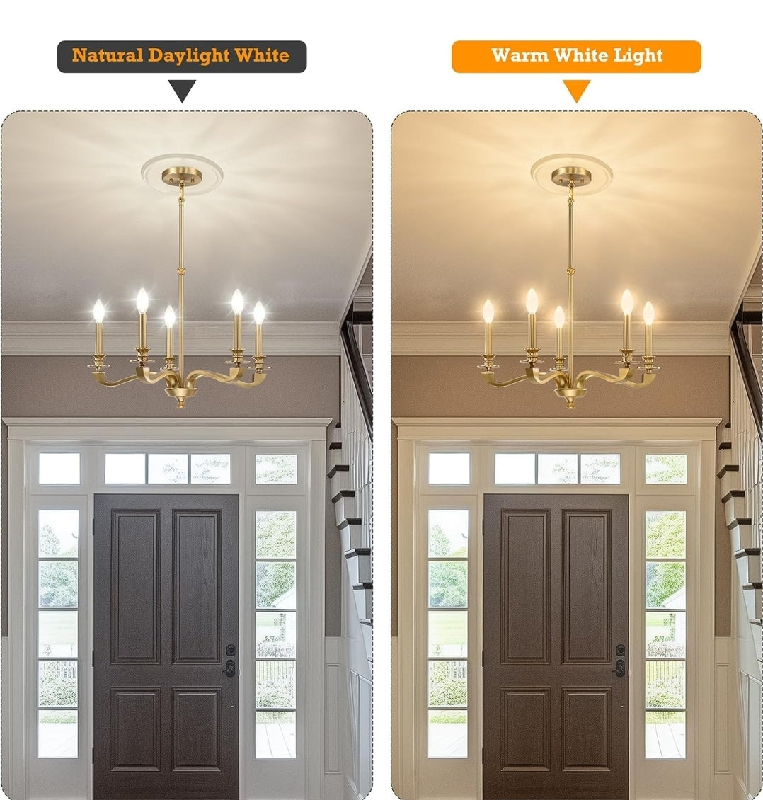 Gold Chandeliers for Dining Room, 25.5 Inch Vintage Gold Chandelier Light Fixture Over Table, Farmhouse Candle Chandeliers, 5-Light Brass Chandeliers for Kitchen, Bedroom, Living Room (E12 Base)