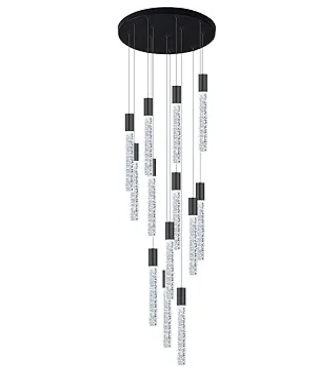 118" High Ceiling Chandelier Linear Crystal Pendants, Remote Dimmable, Compatible Sloped Ceilings, 12-Light Matte Black, 60 Watts LED, 4800 Lumens