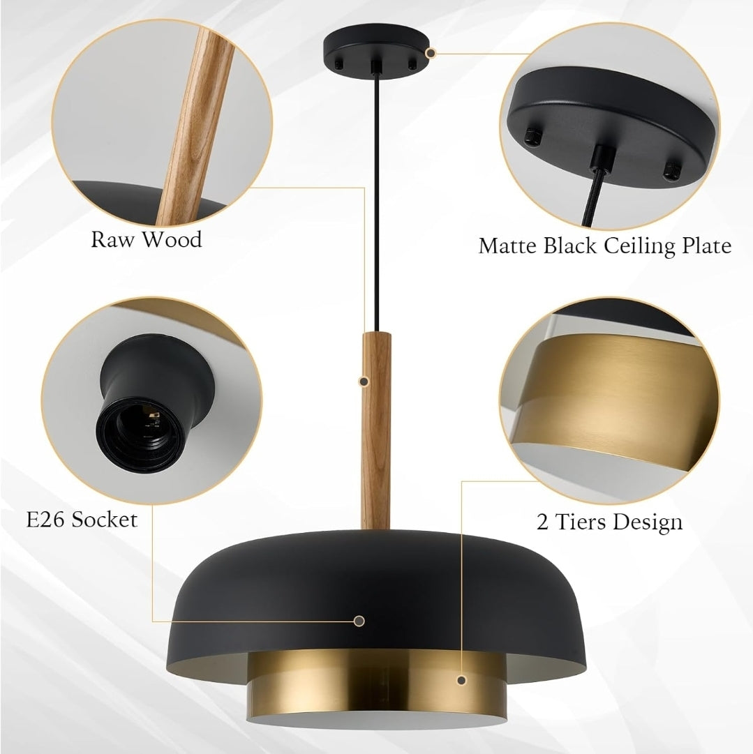 Mid Century Pendant Lighting,18.8 inch,2 Tiers,Raw Wood Accent,Black and Gold Modern Chandelier for Kitchen Island, Dining Room, Living Room