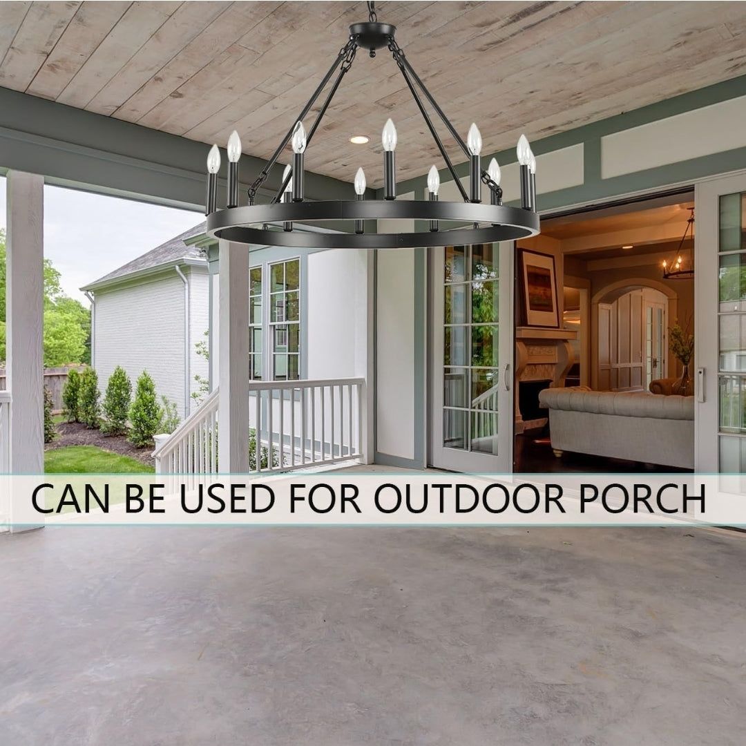 Black Wagon Wheel Chandelier 32 inch,12-Light Farmhouse Wagon Wheel Chandeliers Round Industrial Ceiling Light fixtures for Outdoor Porch high Ceilings Living Dining Room Foyer Entryway