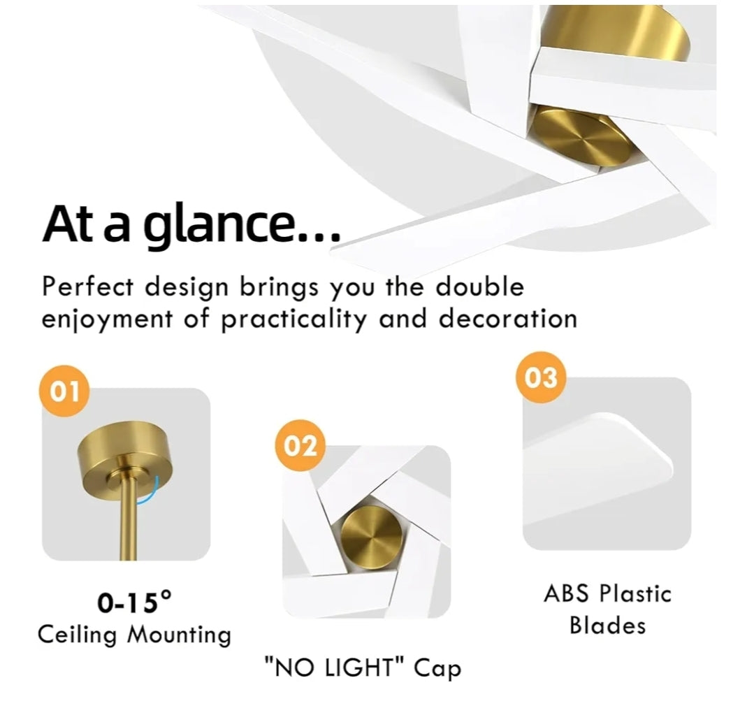 WINGBO 64" ABS DC Ceiling Fan No Light, 5 Blade ABS Plastic Ceiling Fan with Remote, 6-Speed Reversible DC Motor, Ceiling Fans without Light for Kitchen Bedroom Living Room, Brass and White