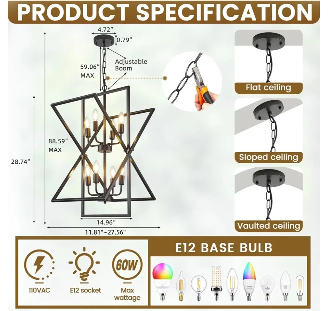 Black Chandelier, 8-Light Industrial Farmhouse Ceiling Pendant Light Fixtures, Modern Foyer Lighting Fixtures, Large Chandeliers for High Ceilings, Pendant Lights Kitchen Island for Staircase,Entryway