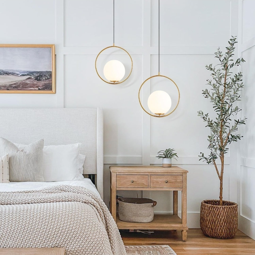 KCO Modern Gold Globe Pendant Light 1-Light Single White Glass Kitchen Island Pendant Lighting Fixture Mid Century Adjustable Chandelier for Living Room Dining Room (9.8”-Small)