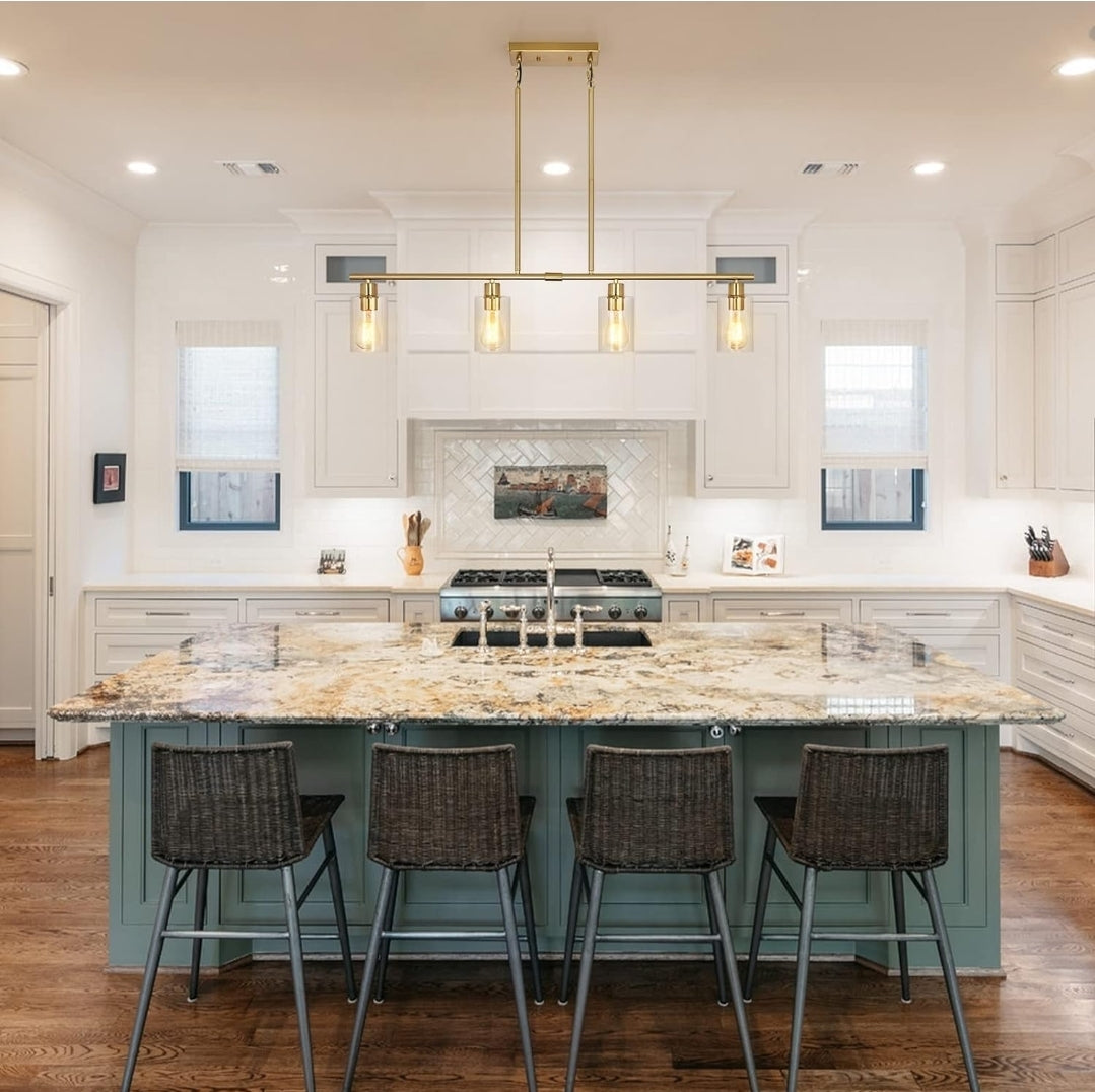 Modern Gold Kitchen Island Chandelier 4-Light Brushed Brass Farmhouse Pendant Light Industrial Kitchen Island Lighting Fixture with Glass Shades Hanging Lamp for Dining Living Room