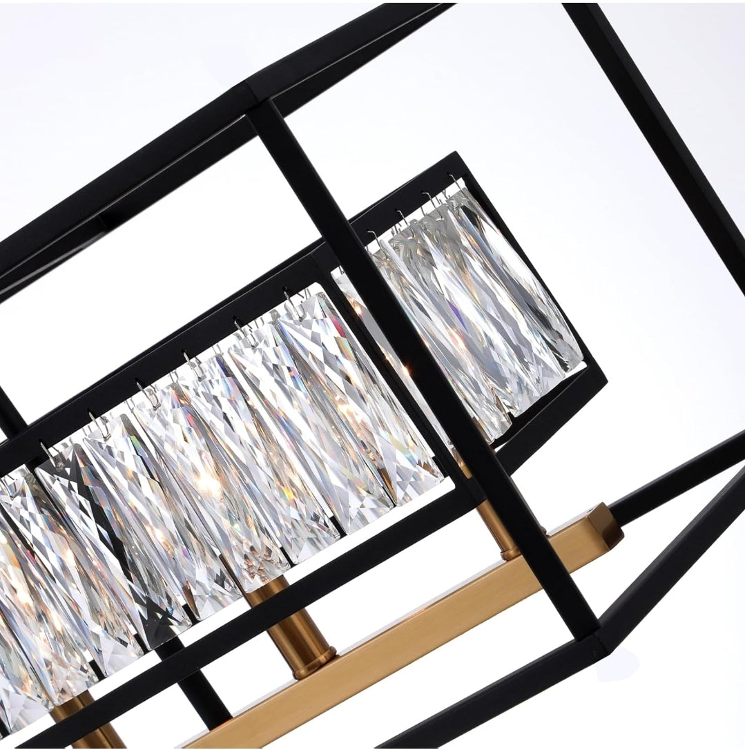 Black Crystal Chandelier for Dining Room 6-Light Rectangle Modern Farmhouse Lighting Linear Contemporary Kitchen Island Pendant Light with Adjustable Chain L35 (UL Certified)