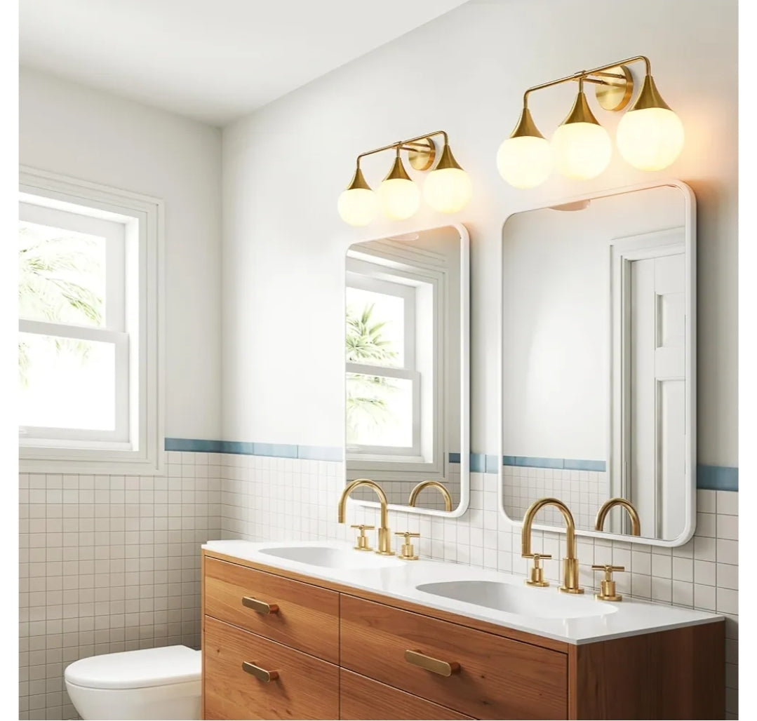 Bathroom Vanity Light Fixtures: 3-Light Mid Century Modern Bathroom Lighting Fixtures Over Mirror - Brass Gold Wall Sconce with Milky White Globe Glass for Bath Living Room