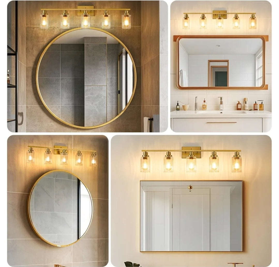 Jonsi Gold 5-Light Bathroom Vanity Light with Glass Shade, Modern Gold Bathroom Lights Over Mirror, W 40.2 x H 10.7 inches