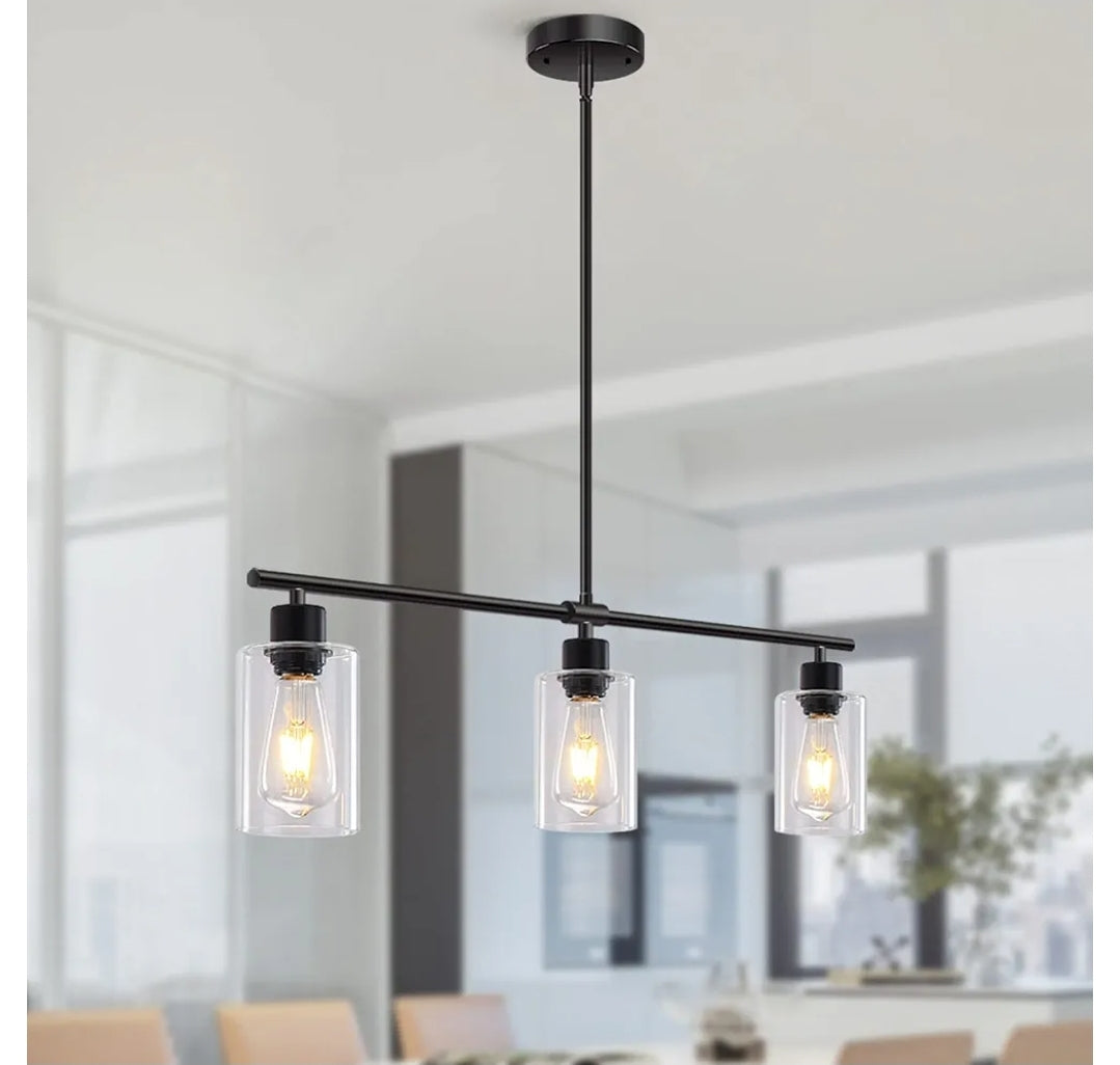 Kitchen Island Lighting, 3 Lights Linear Chandeliers Rectangle Pendant Light Fixtures for Dining Room Farmhouse Hanging Light with Glass Shades(Black)