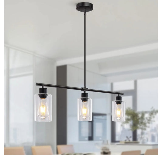 Kitchen Island Lighting, 3 Lights Linear Chandeliers Rectangle Pendant Light Fixtures for Dining Room Farmhouse Hanging Light with Glass Shades(Black)
