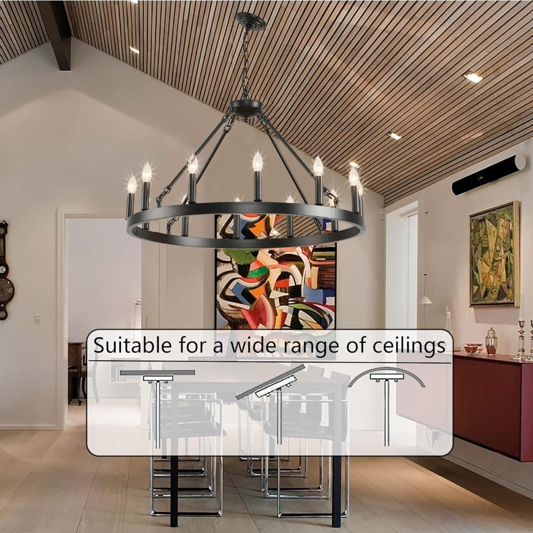 Black Wagon Wheel Chandelier 32 inch,12-Light Farmhouse Wagon Wheel Chandeliers Round Industrial Ceiling Light fixtures for Outdoor Porch high Ceilings Living Dining Room Foyer Entryway