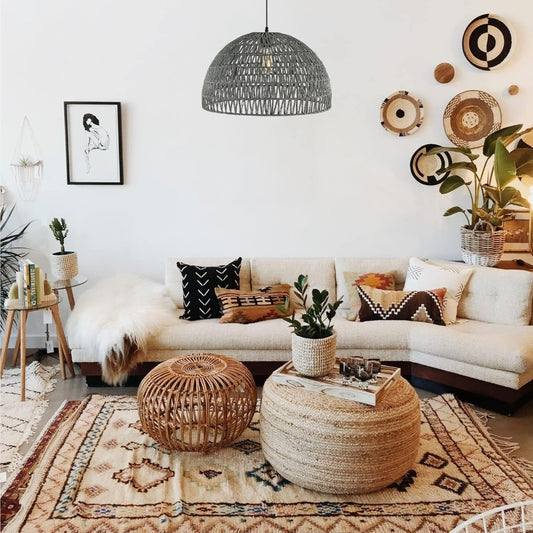 JONATHAN Y JYL6504D Campana 20" 1-Light Bohemian Modern Woven Rattan/Iron LED Pendant Farmhouse Coastal Adjustable Dining Room Living Room Kitchen Island Foyer Bedroom Hallway, Grey/Black