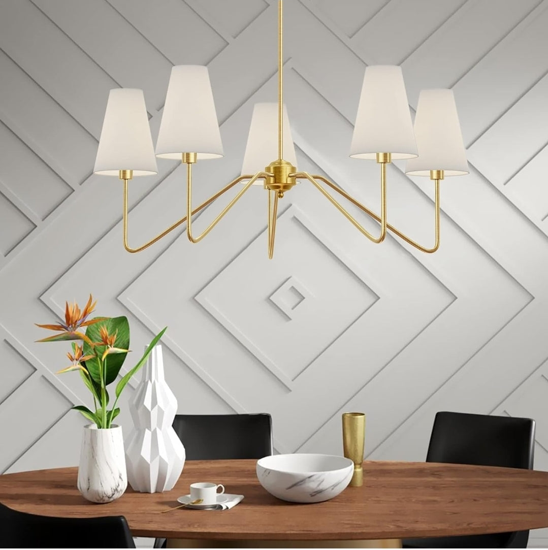 Electro bp 30" Dia 5-Arm Classic Chandeliers Polished Gold with White Linen Shades,Ceiling Light Fixture for Dining Room,Living Room,Entryway,E12,200W