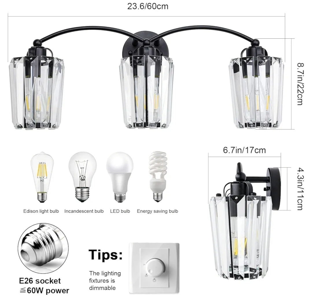 Aipsun Crystal Vanity Light Fixtures Modern Crystal Bathroom Light Fixtures Black Vanity Lights for Bathroom E26 Base (Exclude Bulb)