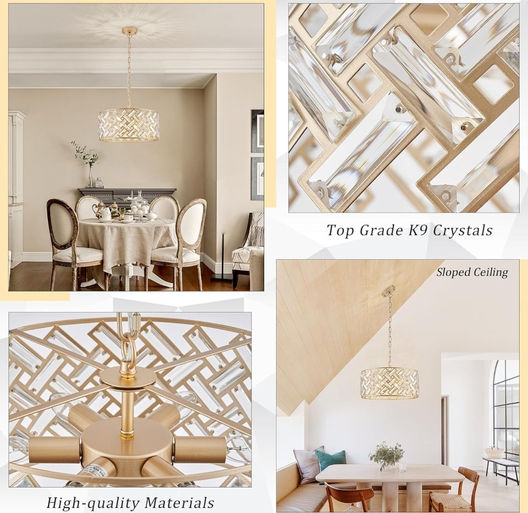 Gold Crystal Chandelier Modern 18" Round Semi Flush Mount Ceiling Light for Dining Living Room Bedroom & Foyer - Large Round Pendant Fixture