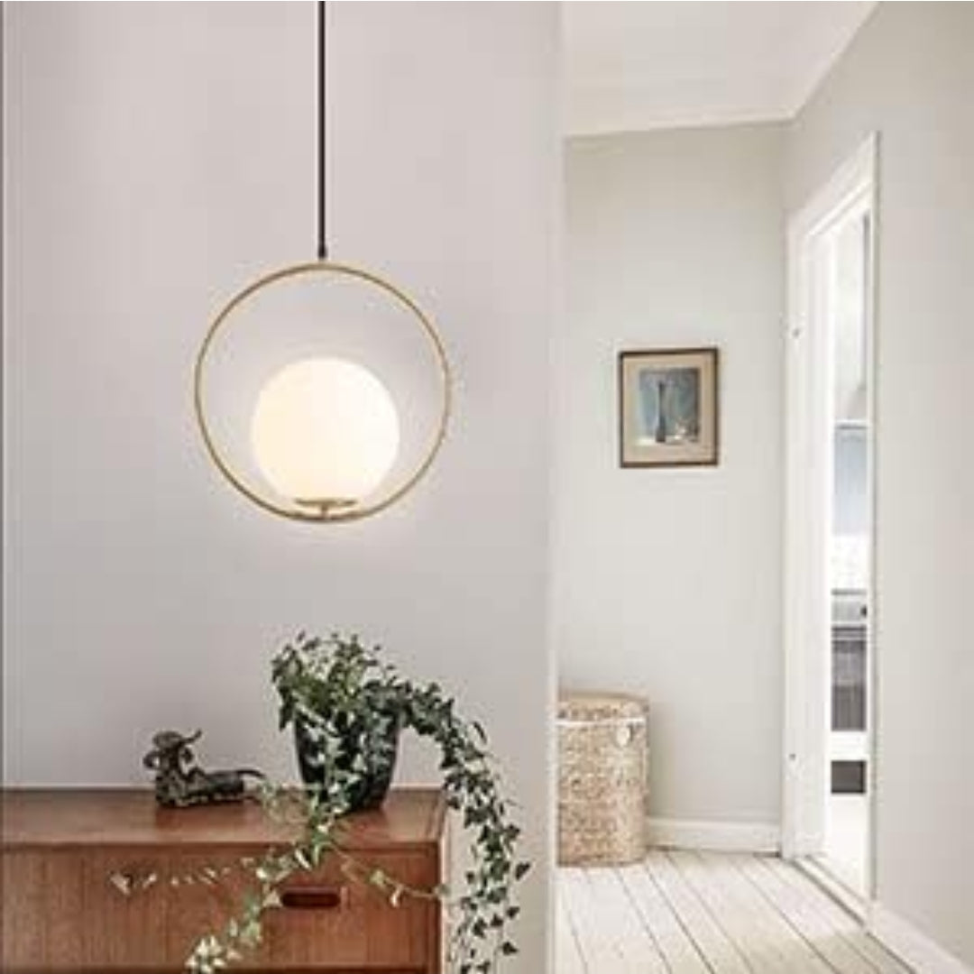 KCO Modern Gold Globe Pendant Light 1-Light Single White Glass Kitchen Island Pendant Lighting Fixture Mid Century Adjustable Chandelier for Living Room Dining Room (9.8”-Small)
