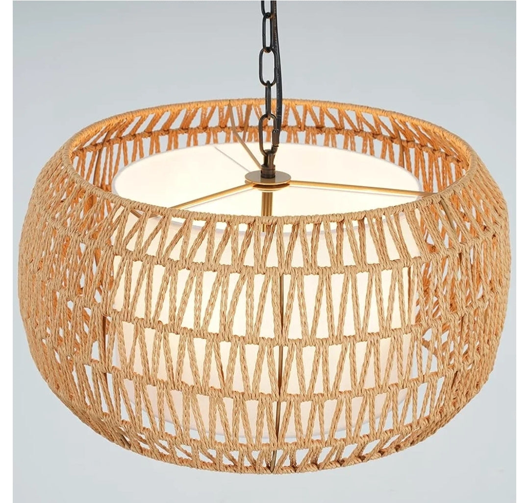 Rattan Wicker Drum Chandeliers for Dining Room 5-Light Bohemian Hand-Woven Farmhouse Drum Pendant Chandelier Light Fixture for Entryway Living Room Kitchen Stairway Bedroom Hallway