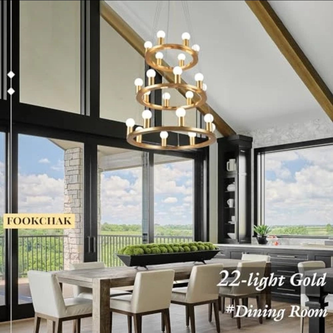 Gold Wagon Wheel Chandelier, 22-Light 24inch Foyer Chandelier High Ceiling Light Fixture 3-Ring Metal Round Chandeliers for Entryway Living Room Bedroom Dining Room
