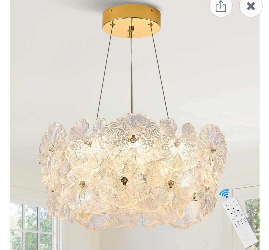 Modern Gold Glass LED Chandelier 20" Elegant Lotus Leaf Dimmable Ceiling Chandeliers with Remote Control Luxury for Foyer Entryway Living Dining Room(3000K-6500K)