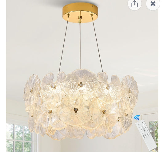 Modern Gold Glass LED Chandelier 20" Elegant Lotus Leaf Dimmable Ceiling Chandeliers with Remote Control Luxury for Foyer Entryway Living Dining Room(3000K-6500K)