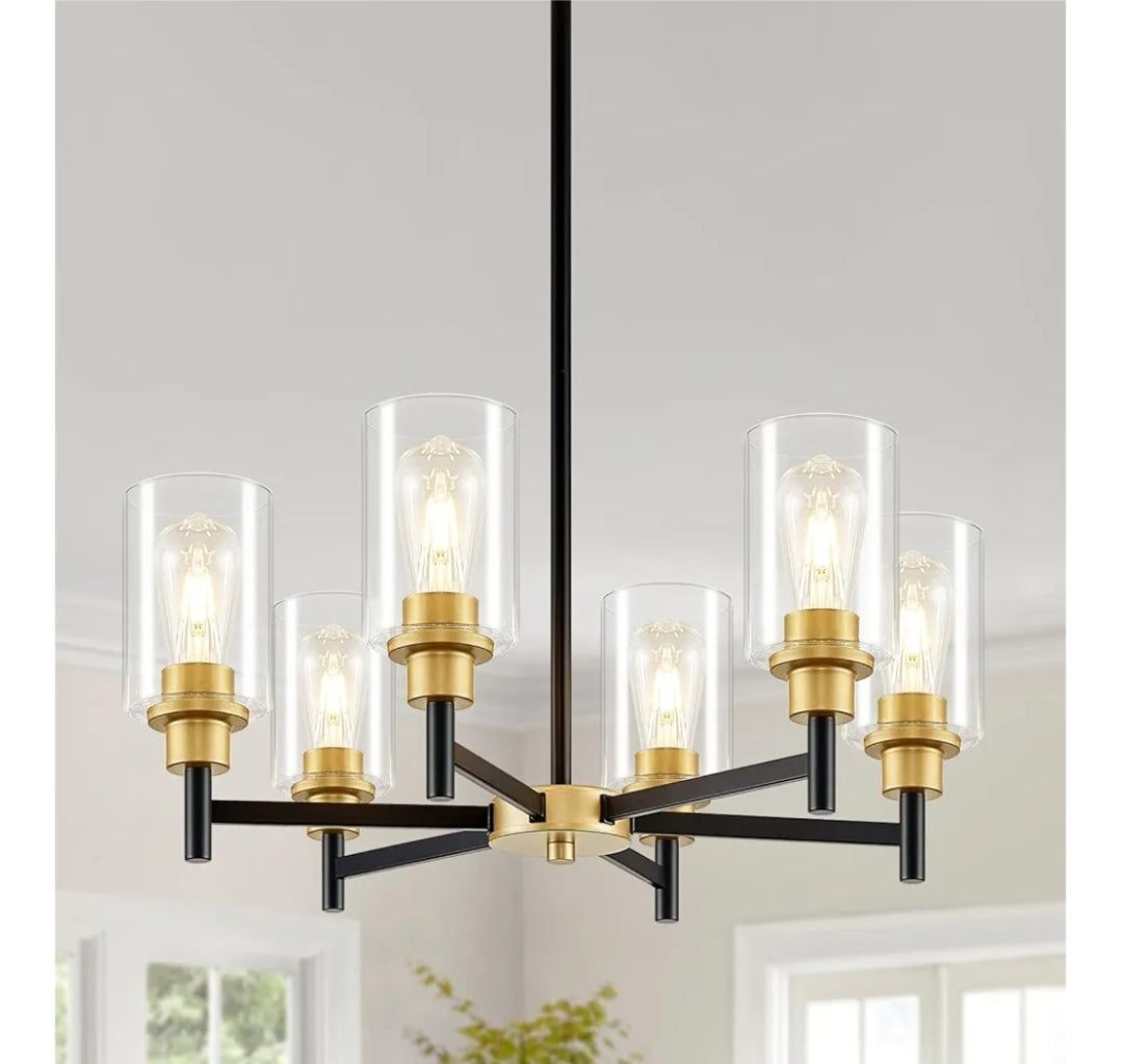 6-Light Modern Chandeliers, Black and Gold Chandelier Light Fixture with Clear Glass Shades, Hanging Pendant Lighting for Dining Room, Living Room, Kitchen, Staircase, Entryway