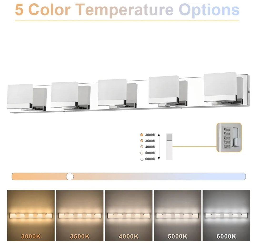 SineRise LED Modern Bathroom Vanity Light Fixtures (5-Light, 40-Inch, 5CCT), Chrome Modern Acrylic Bathroom Wall Lighting Fixtures Over Mirror (3000K/3500K/4000K/5000K/6000K)
