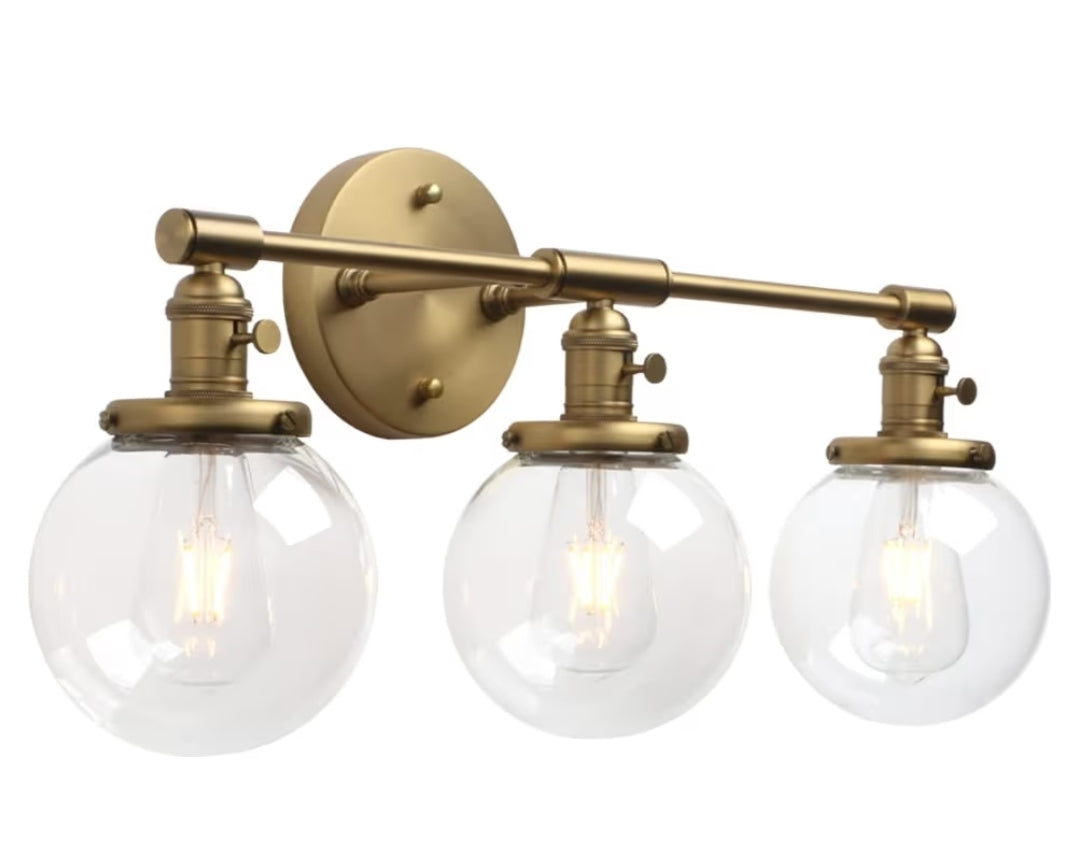 Phansthy Three Light Indoor Wall Fixture Bathroom Vanity Lighting with 5.6 Inches Globe Clear Glass Lamp Shade, Antique