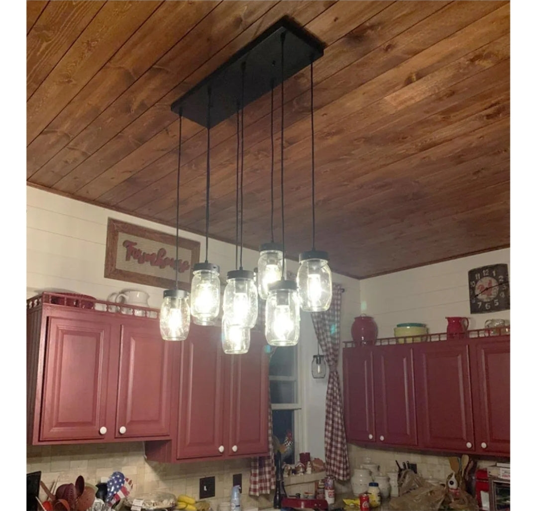 Wellmet 8-Light Mason Jar Chandelier for Dining Room, Farmhouse Rustic Linear Cluster Pendant Light Fixture for Living Room, Kitchen Island Lighting, Matte Black Finish with Glass Shades