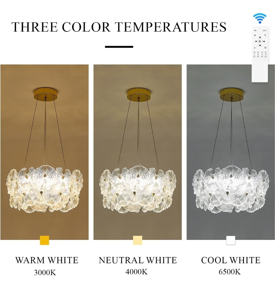 Modern Gold Glass LED Chandelier 20" Elegant Lotus Leaf Dimmable Ceiling Chandeliers with Remote Control Luxury for Foyer Entryway Living Dining Room(3000K-6500K)