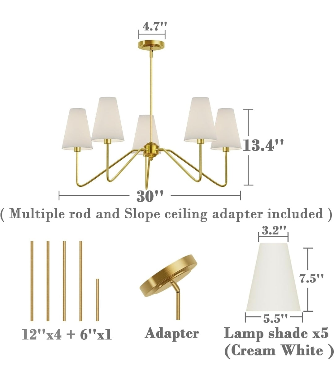 Electro bp 30" Dia 5-Arm Classic Chandeliers Polished Gold with White Linen Shades,Ceiling Light Fixture for Dining Room,Living Room,Entryway,E12,200W