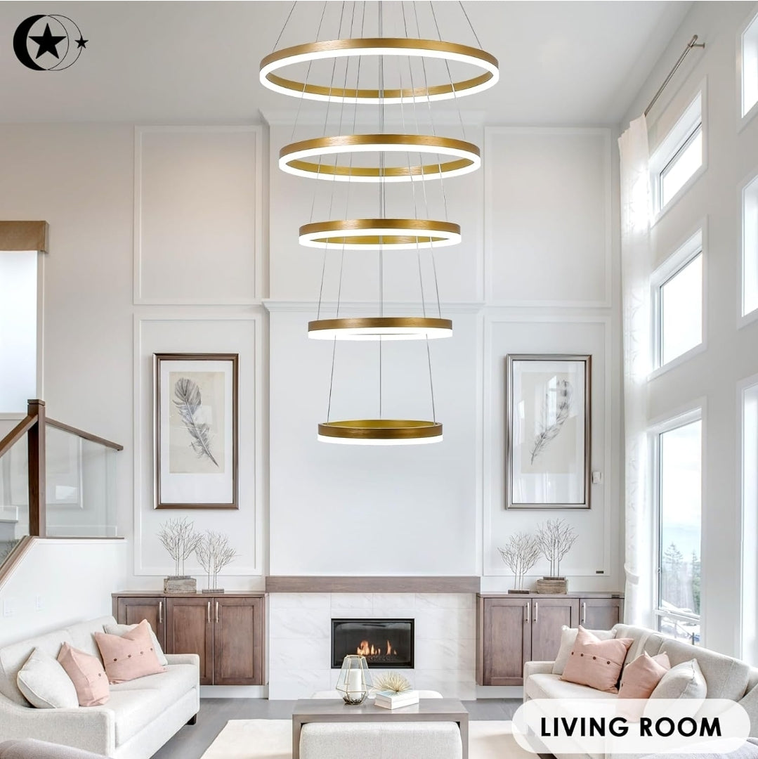 5-Rings Modern LED Chandelier Gold Dimmable High Ceiling Chandelier for Dining Room with Remote Control for Foyer Living Room Entryway Staircase(D23.6’’, 3000K-6500K)