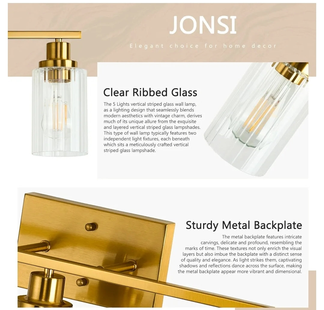 Jonsi Gold 5-Light Bathroom Vanity Light with Glass Shade, Modern Gold Bathroom Lights Over Mirror, W 40.2 x H 10.7 inches