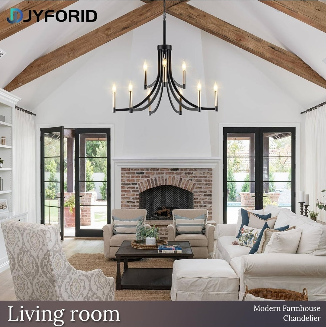 9-Light Modern Chandelier Black and Gold Chandeliers Farmhouse Pendant Light Fixture Candle Chandelier for Dining Room Living Room Entryway Foyer Kitchen