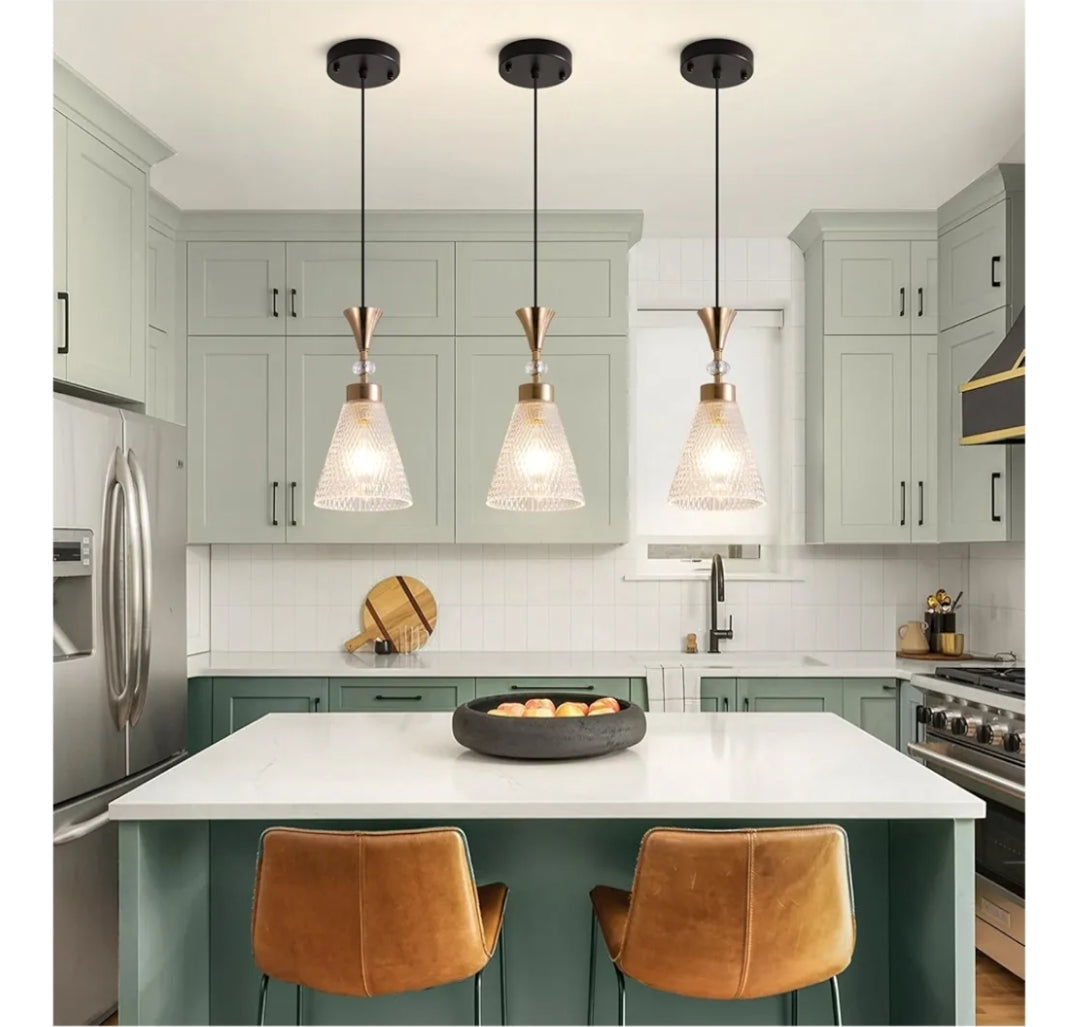 Industrial Pendant Light Fixture, Modern Clear Glass Crystals Shade Pendant Lighting Adjustable Cord for Kitchen Island Dining Room Sink, Black and Gold, 3 Packs