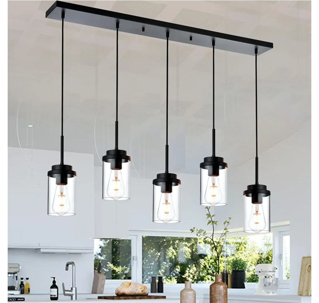 BONLICHT Farmhouse Chandelier for Dining Room, Modern Industrial Foyer Linear Pendant Light Traditional Black Kitchen Island Lighting Fixture Hanging Ceiling Lights with Clear Glass Shade