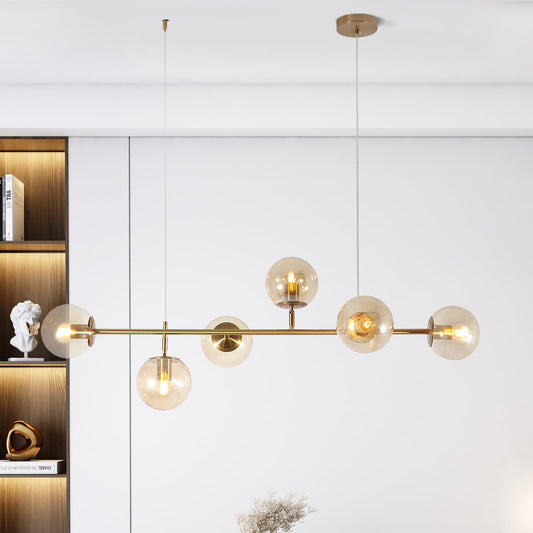 Bektas Globe – Modern Mid-Century Gold Chandelier, 6-Light Gold and Amber Glass Chandelier for Dining Room, Kitchen, Living Room