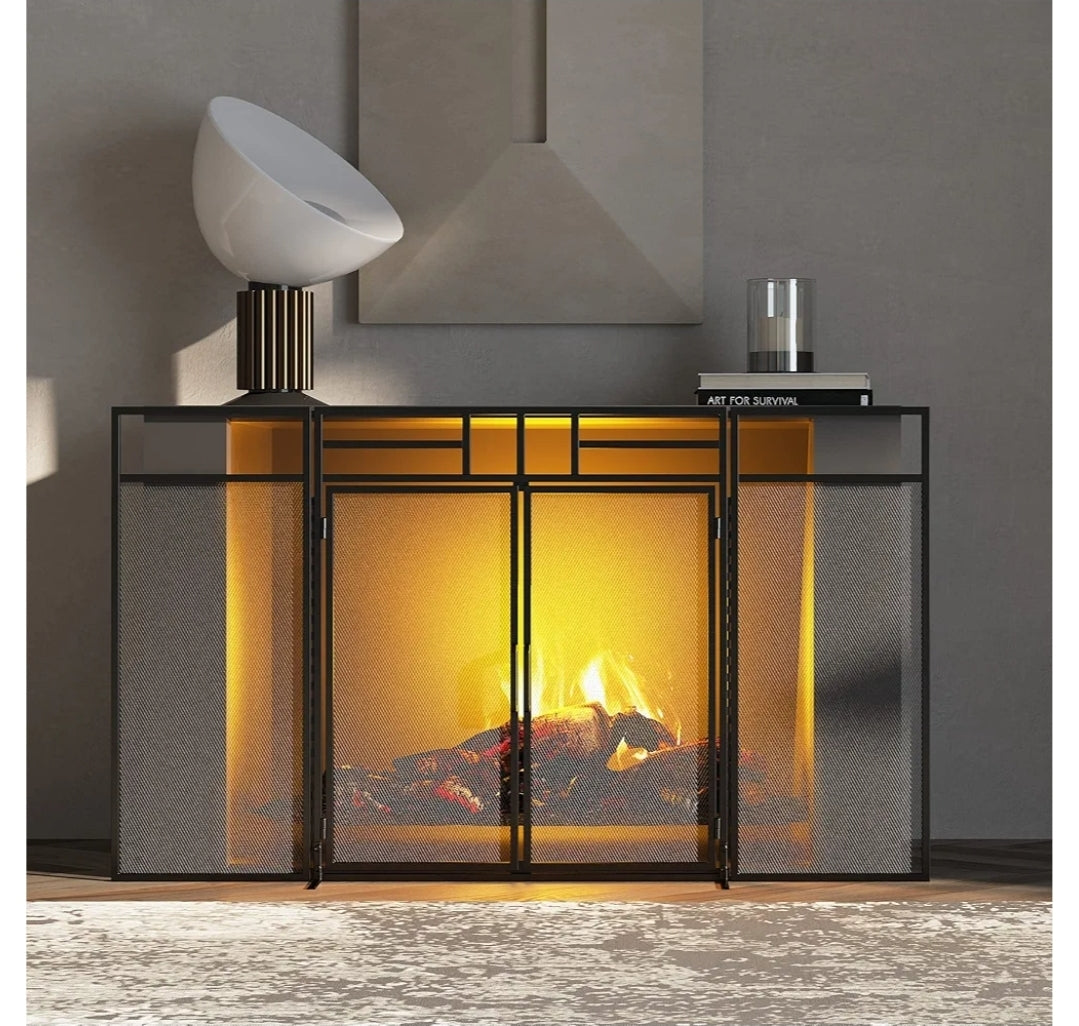 Fire Beauty 3-Panel Folding Fireplace Screen with Magnetic Hinged Doors, Solid Wrought Iron Panels Fire Spark Guard
