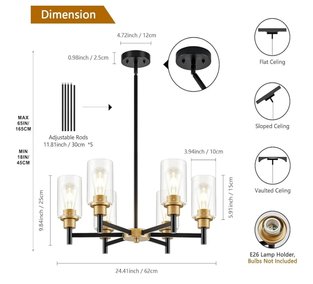 6-Light Modern Chandeliers, Black and Gold Chandelier Light Fixture with Clear Glass Shades, Hanging Pendant Lighting for Dining Room, Living Room, Kitchen, Staircase, Entryway